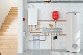 Image of a boiler system in a basement.