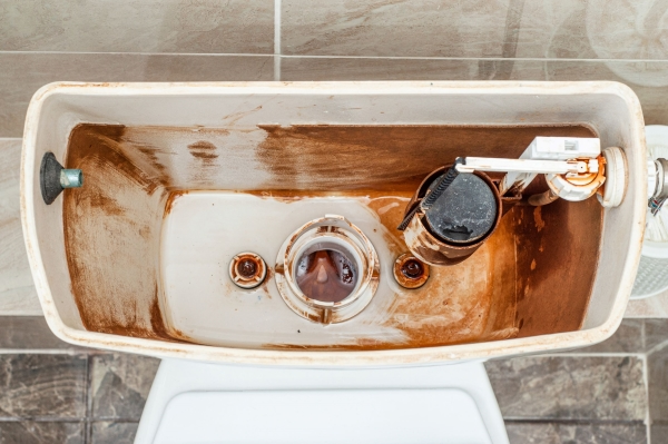 Overhead view of a toilet tank which has been cleaned from the inside. View of the float and fittings of the toilet drain mechanism.