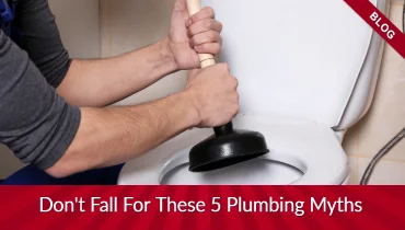 Hands holding plunger over toilet with banners reading 