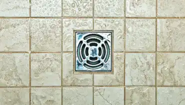 A shower drain on a tile floor with droplets of water surrounding it after it has received services for clearing a clogged shower drain.