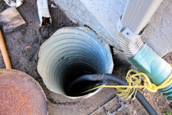 An exterior sump pump installed next to a house