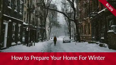 Snowy street with banners reading "blog" and "how to prepare your home for winter"