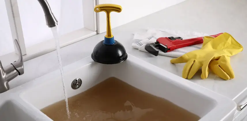 A clogged sink in Vancouver full of dirt water with a plunger, rubber gloves, pipe wrench, and cloth sitting nearby.