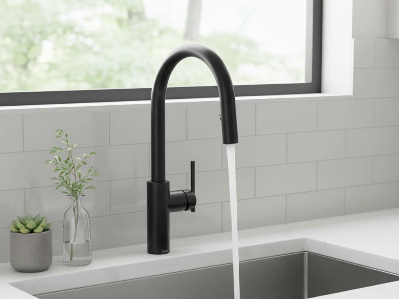 Black faucet with running water.