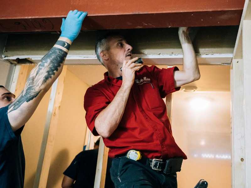 Two Mr. Rooter employees working on a ceiling.