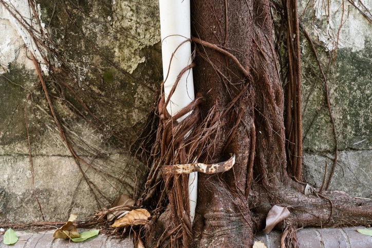 Tree roots growing tightly around a plumbing pipe, demonstrating how roots infiltrate sewer lines and cause blockages.